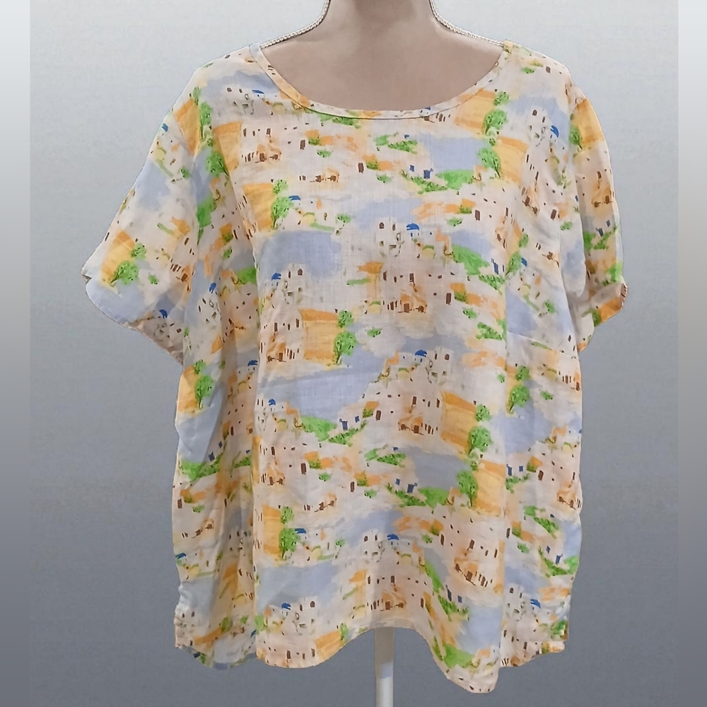 Cynthia Rowley 100% Linen Mediterrean Womans Blouse 2x Coastal Vacation Graphic